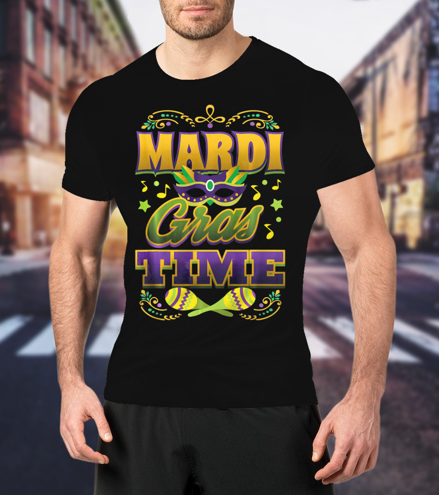 Mardi Gras Time Mask Music Notes Maracas T-Shirt