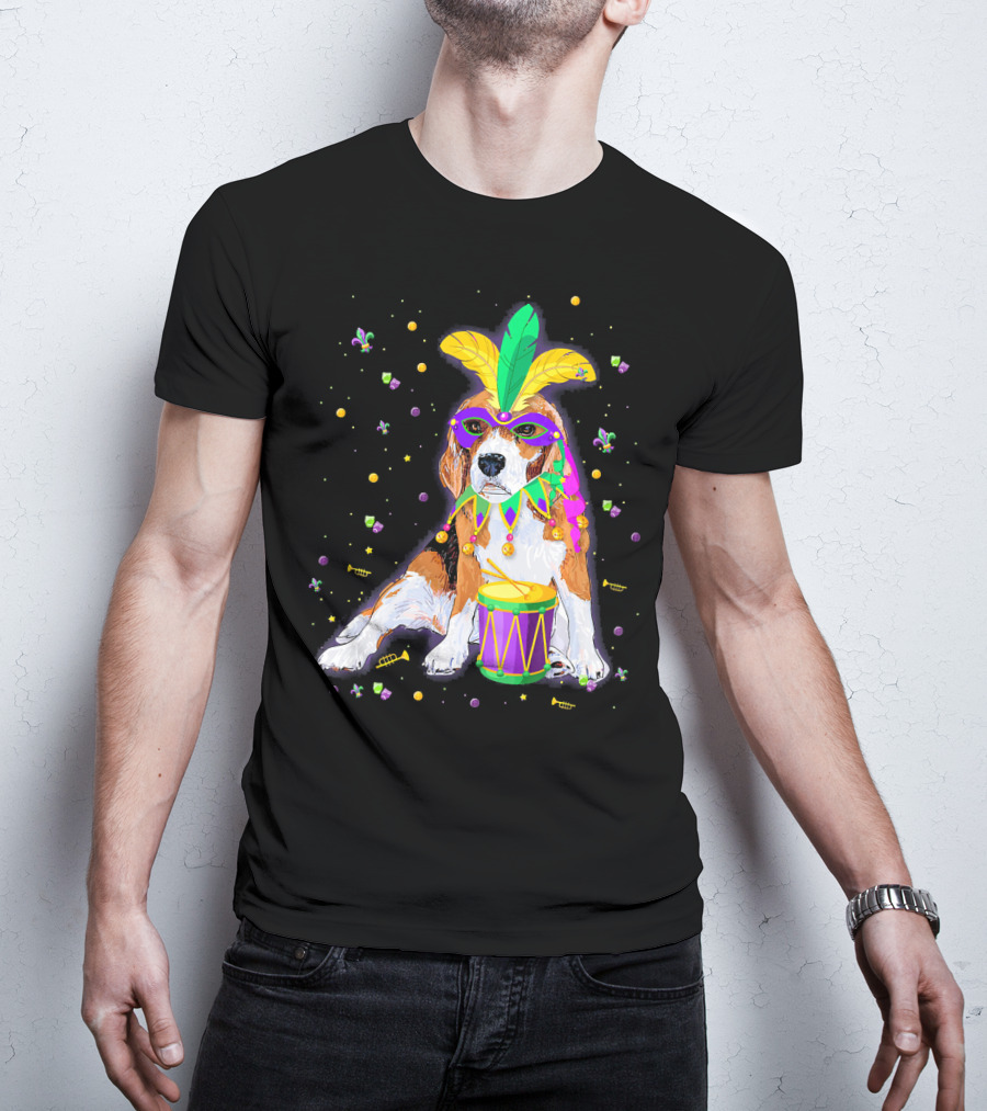 Mardi Gras Beagle In Mask With Feathers And Drum T-Shirt