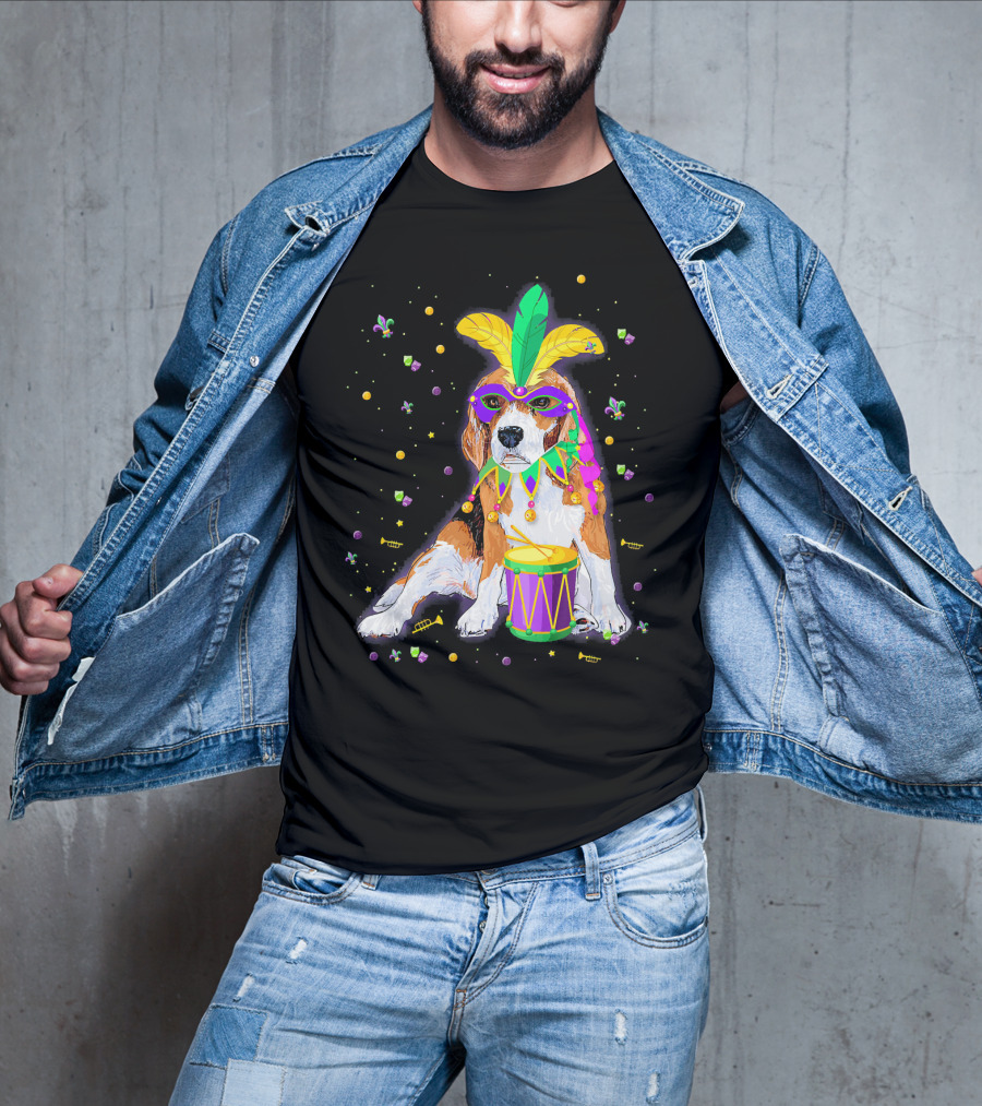 Mardi Gras Beagle In Mask With Feathers And Drum T-Shirt