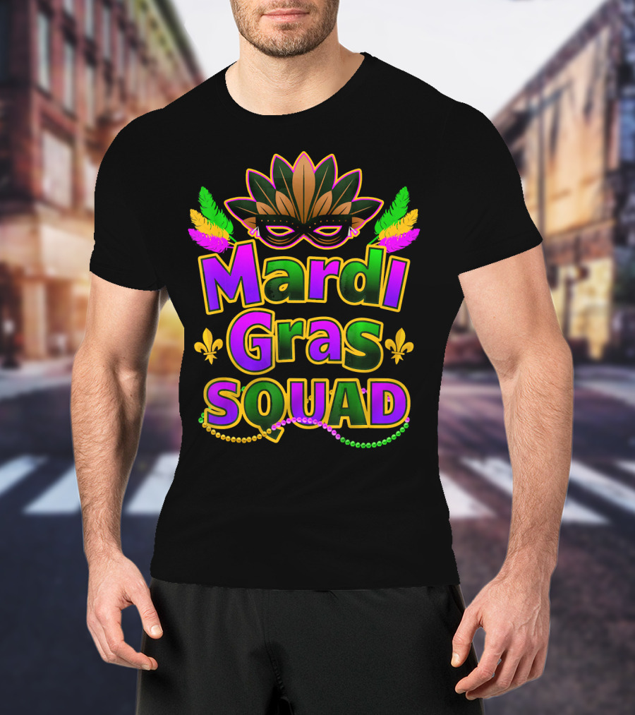 Mardi Gras Squad New Orleans Mask Beads Fleur-de-Lis Festi T-Shirt