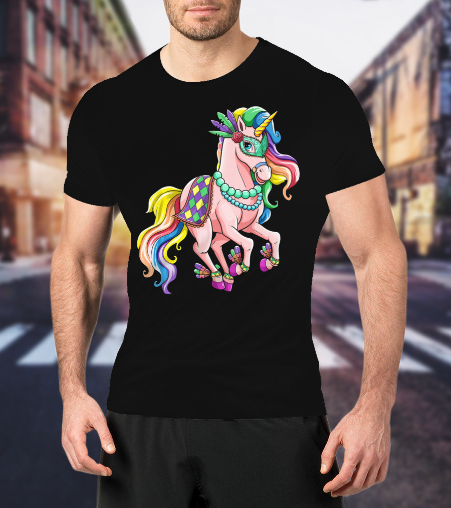Kids Mardi Gras Unicorn With Colorful Mask And Beads T-Shirt