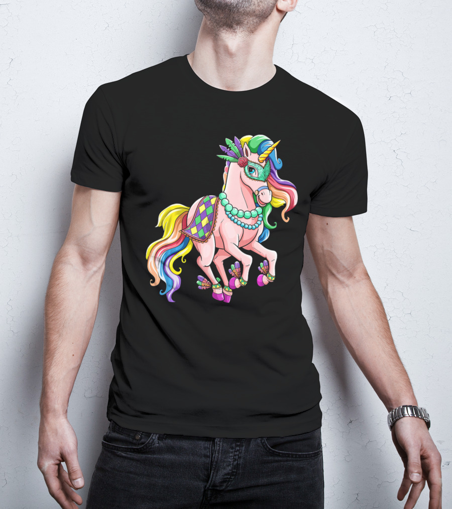 Kids Mardi Gras Unicorn With Colorful Mask And Beads T-Shirt