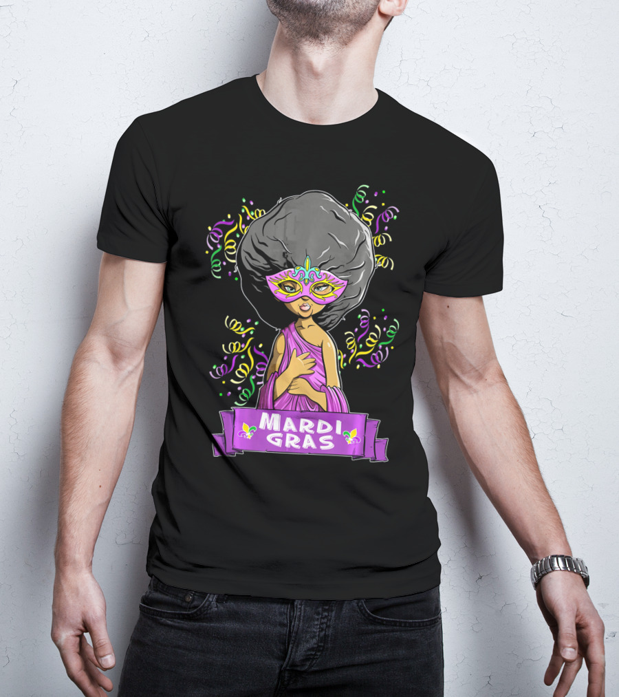 Mardi Gras Woman In Mask With Afro And Purple Dress T-Shirt
