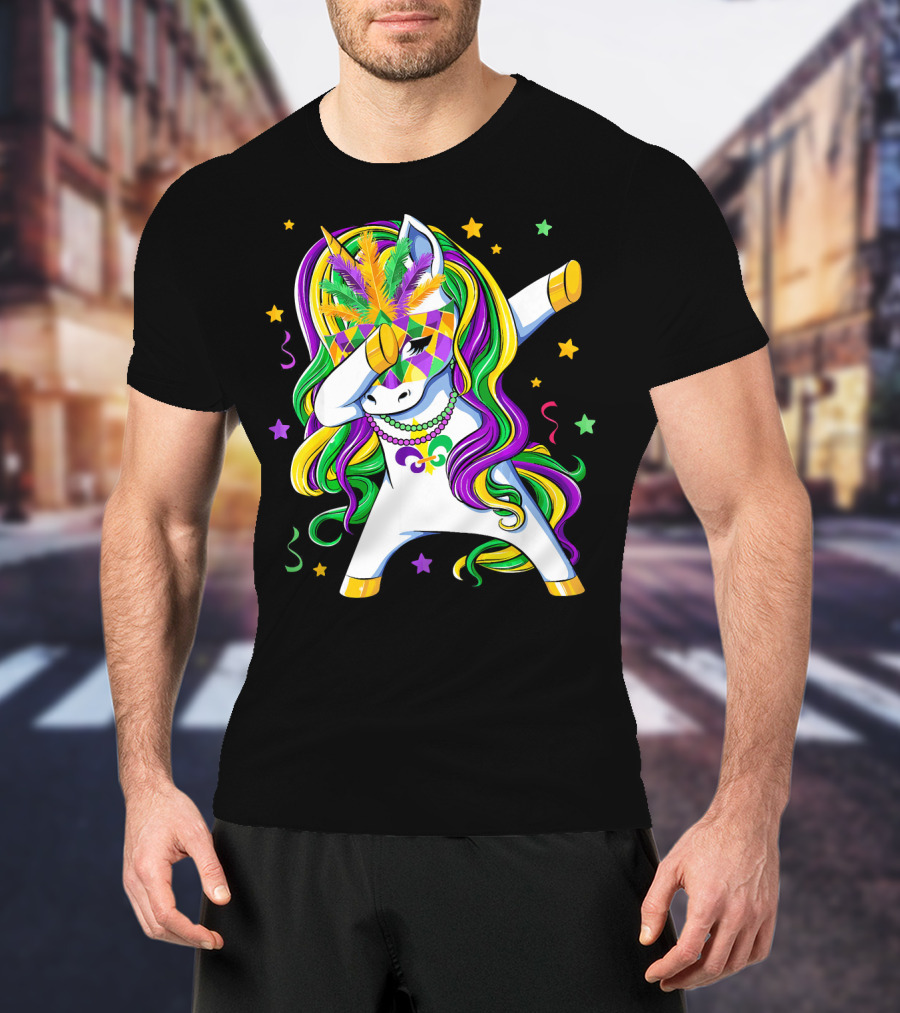 Dabbing Unicorn Mardi Gras Masquerade Beads Costume Carnival T-Shirt