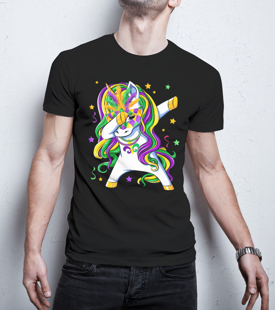Dabbing Unicorn Mardi Gras Masquerade Beads Costume Carnival T-Shirt
