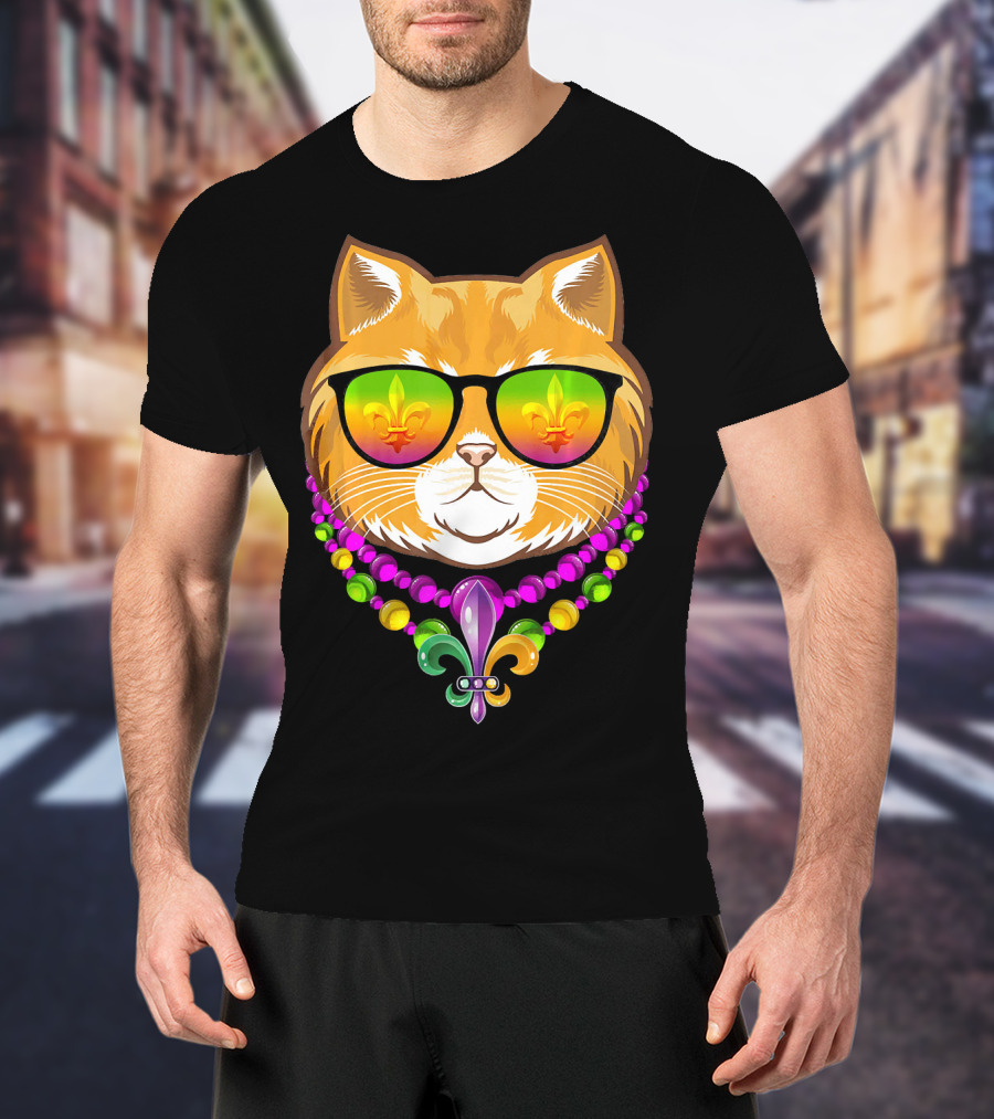 Mardi Gras Cat With Beads And Fleur-de-Lis Sunglasses T-Shirt