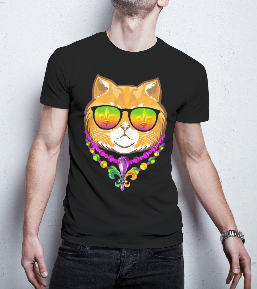 Mardi Gras Cat With Beads And Fleur-de-Lis Sunglasses T-Shirt