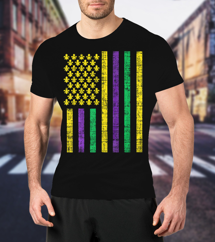 Purple Green Yellow Fleur-de-Lis US Flag Jester T-Shirt