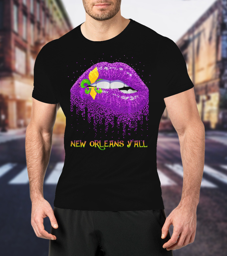 Fleur De Lys Purple Lips Biting New Orleans Y'all T-Shirt