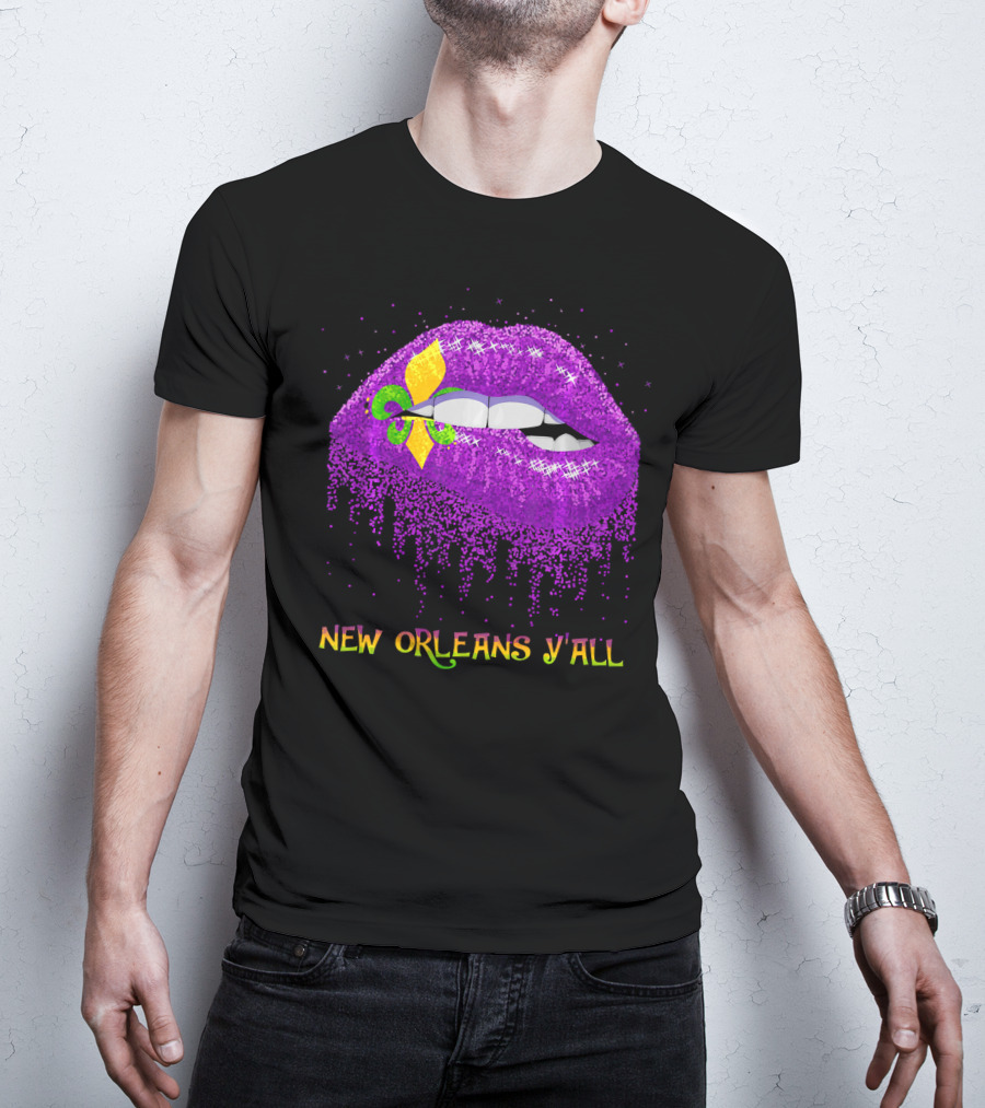 Fleur De Lys Purple Lips Biting New Orleans Y'all T-Shirt