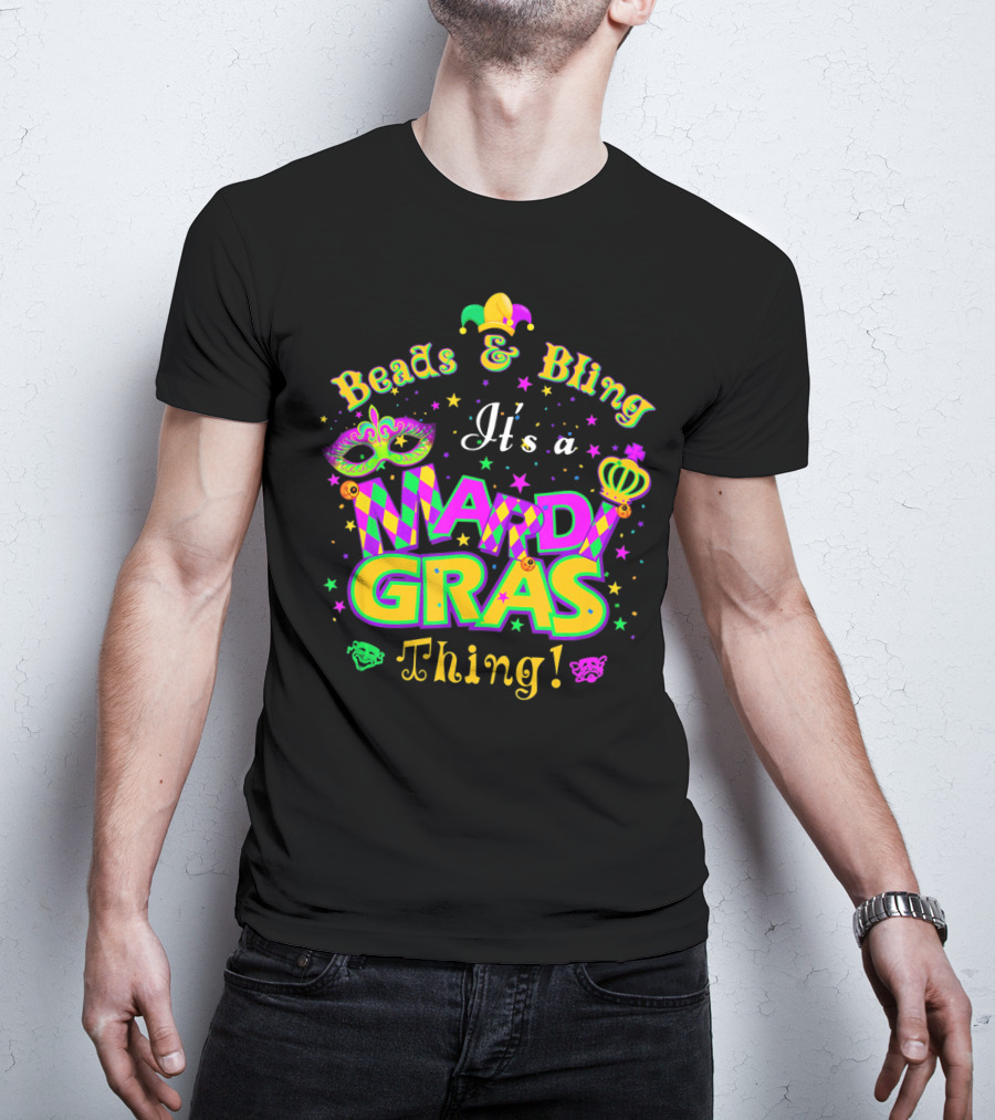 Beads And Bling It's A Mardi Gras Thing Mask Jester Crown Stars T-Shirt