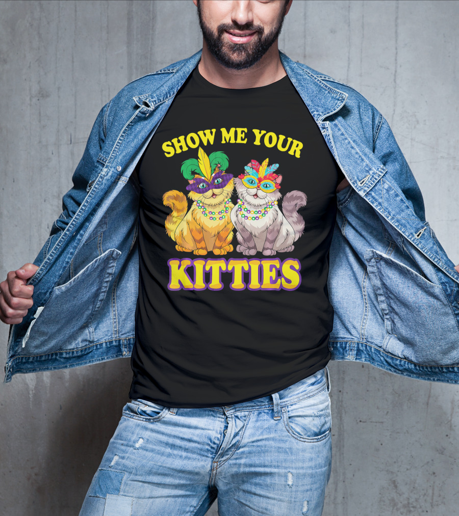 Show Me Your Kitties Mardi Gras Cats With Masks And Beads T-Shirt