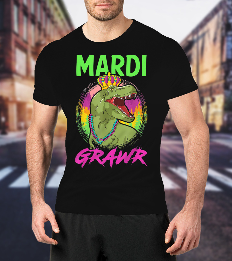 Mardi Grawr Rex Dinosaur In Beads And Crown With Rainbow Sunset T-Shirt