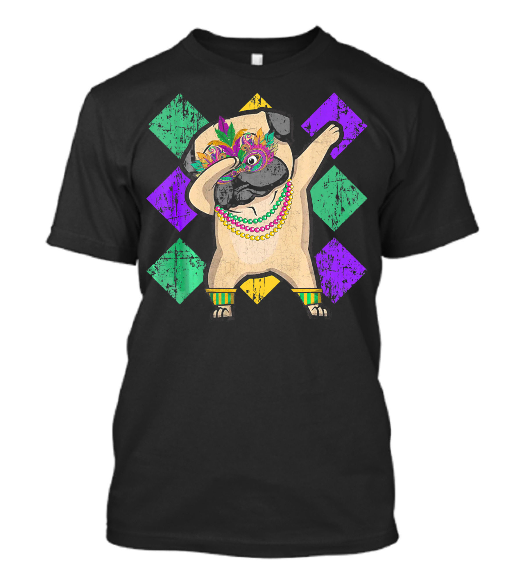 Funny Pug Dabbing Wearing Mardi Gras Beads And Mask With Colorful Diamond T-Shirt