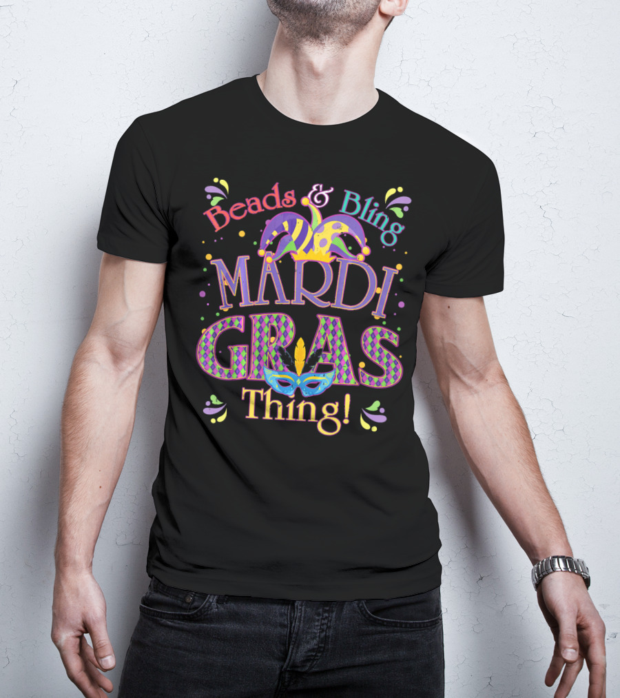 Beads And Bling Mardi Gras Thing Jester Hat Mask Confetti T-Shirt