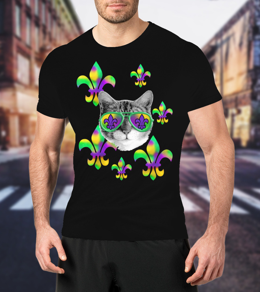 Mardi Gras Cat Wearing Tie Dye Fleur De Lis Sunglasses T-Shirt