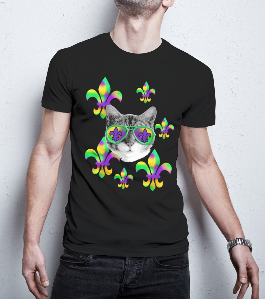Mardi Gras Cat Wearing Tie Dye Fleur De Lis Sunglasses T-Shirt