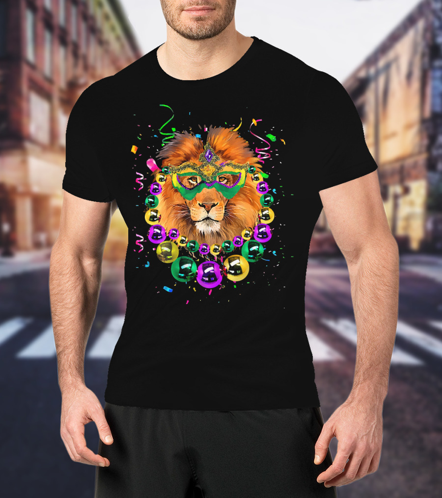 Mask And Beads Lion Mardi Gras Celebration With Colorful Confetti And Streamers T-Shirt