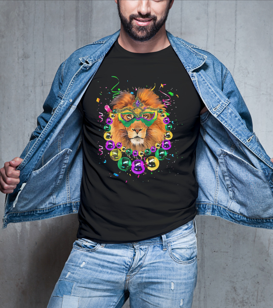 Mask And Beads Lion Mardi Gras Celebration With Colorful Confetti And Streamers T-Shirt