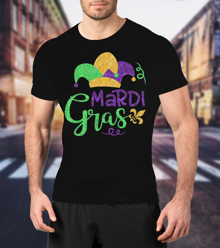 Mardi Gras Jester Hat Glitter Design Fleur-de-Lis T-Shirt