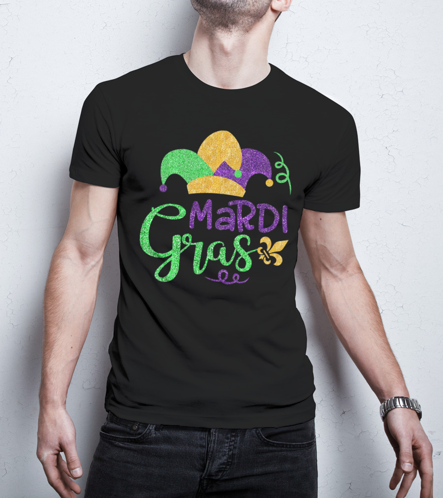 Mardi Gras Jester Hat Glitter Design Fleur-de-Lis T-Shirt