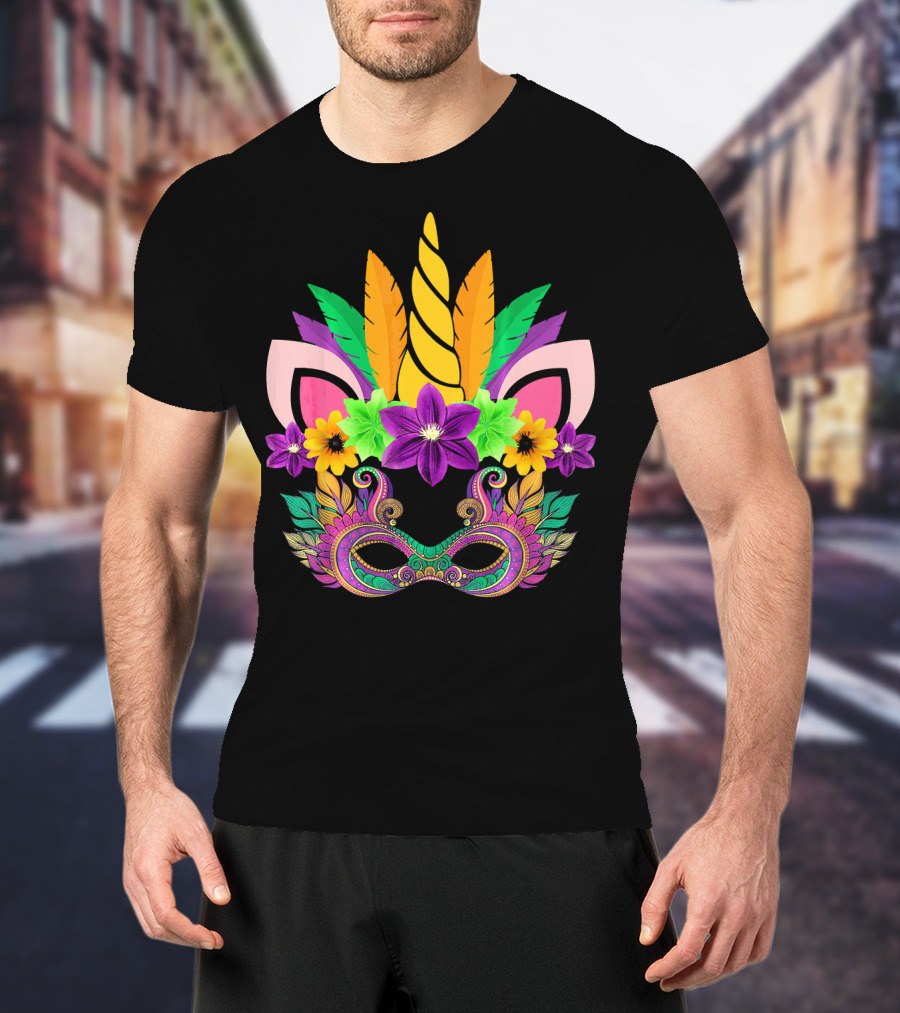 Mardi Gras Unicorn Mask With Flowers And Feathers T-Shirt