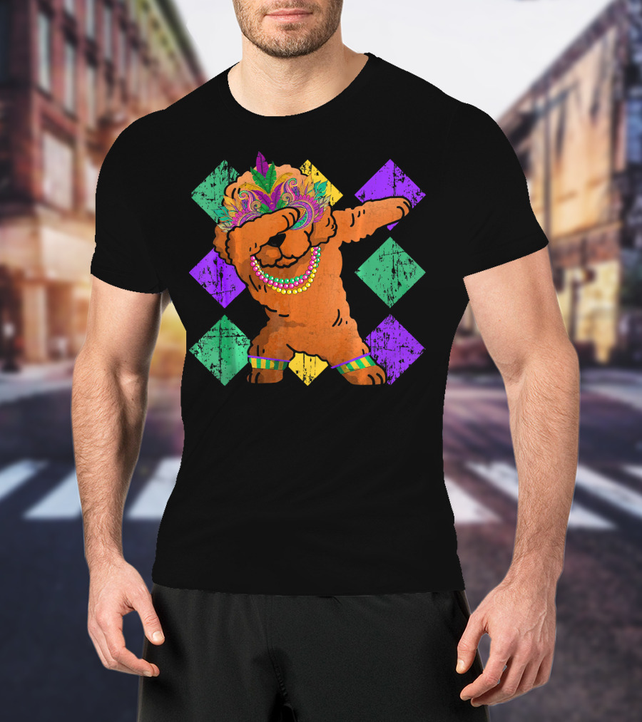 Poodle Dabbing With Colorful Mardi Gras Beads And Feather Mask T-Shirt