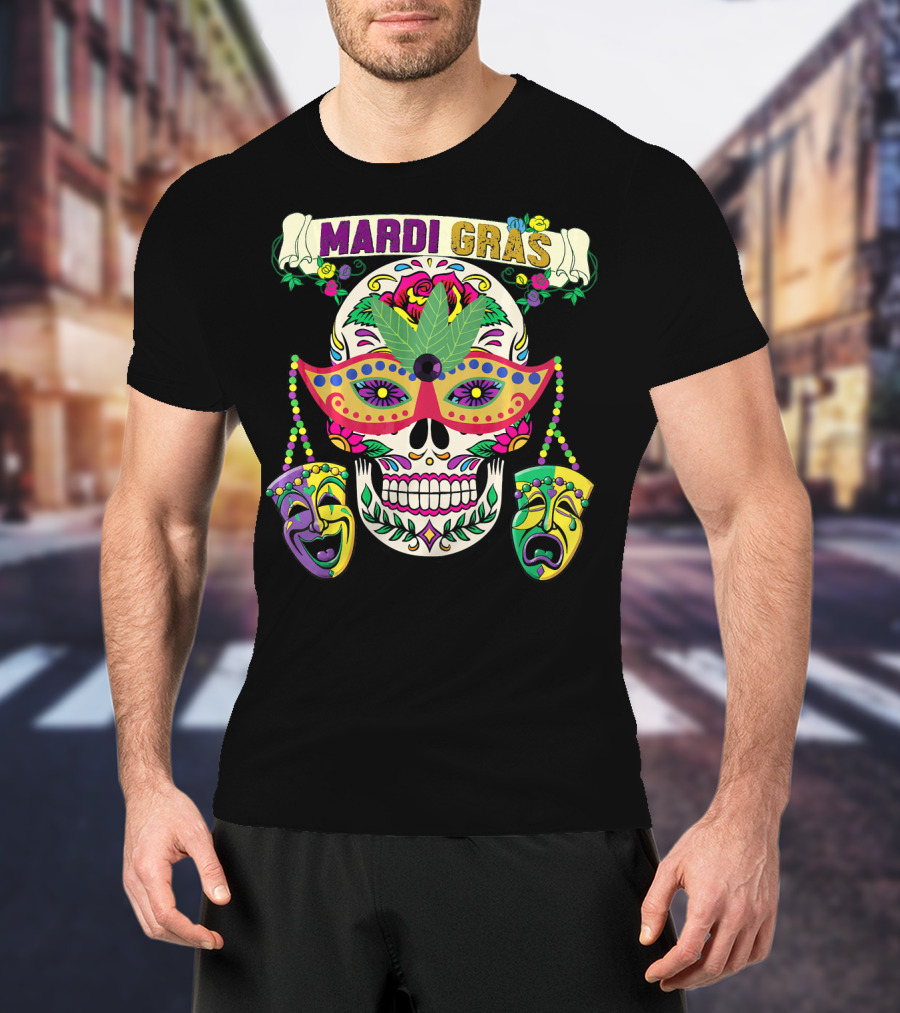 MARDI GRAS Skull Mask Comedy Tragedy New Orlea T-Shirt