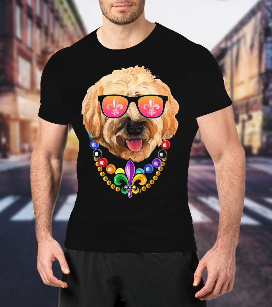 Goldendoodle Mardi Gras Beads Sunglasses Fleur-de-Lis T-Shirt