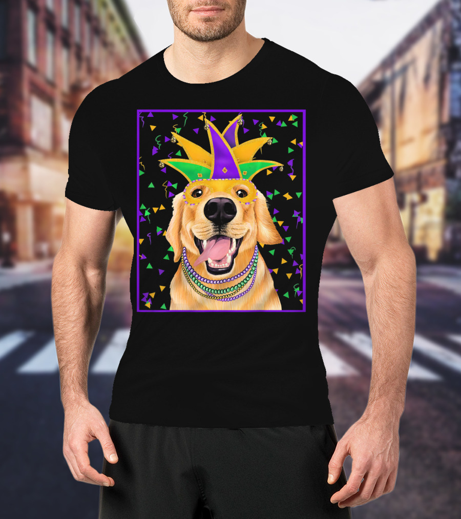 Mardi Gras Golden Retriever Wearing Colorful Jester Mask And Beads T-Shirt