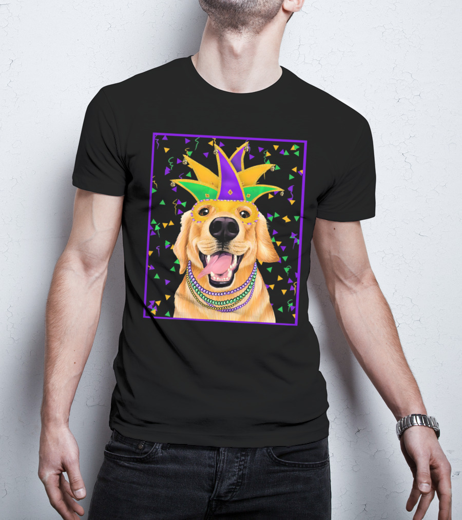Mardi Gras Golden Retriever Wearing Colorful Jester Mask And Beads T-Shirt