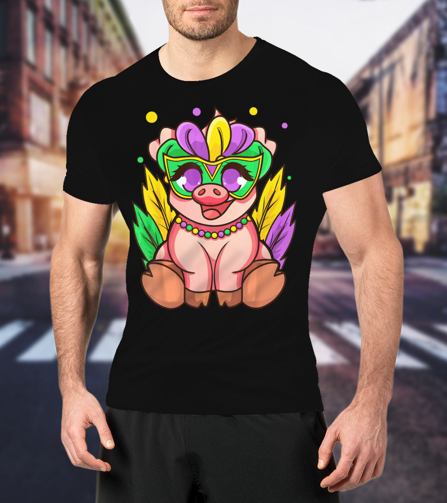 Cute Mardi Gras Pig With Colorful Mardi Gras Mask And Beads T-Shirt