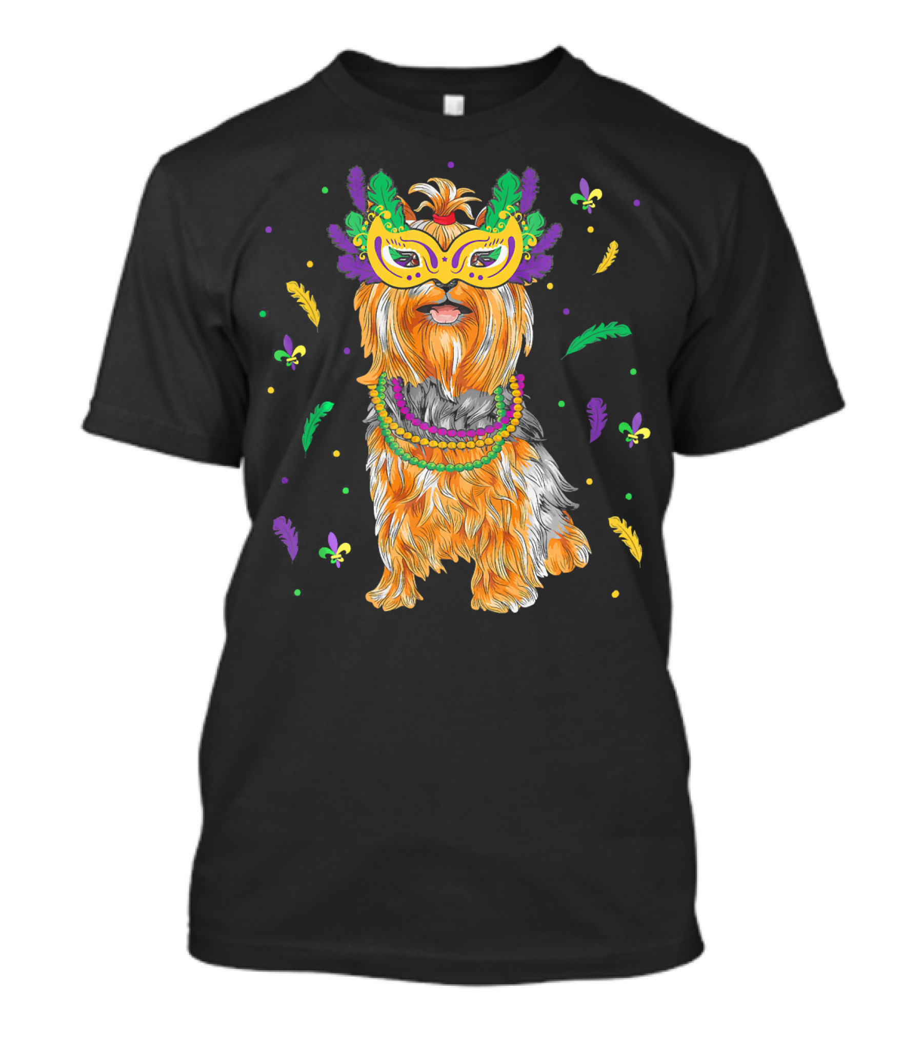Beads Mask Yorkshire Terrier Mardi Gras Fleur De Lis Feathers T-Shirt