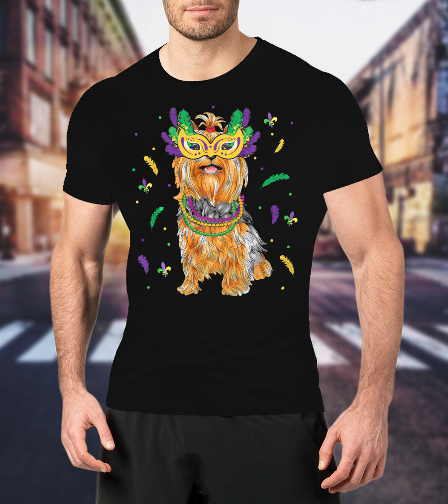 Beads Mask Yorkshire Terrier Mardi Gras Fleur De Lis Feathers T-Shirt
