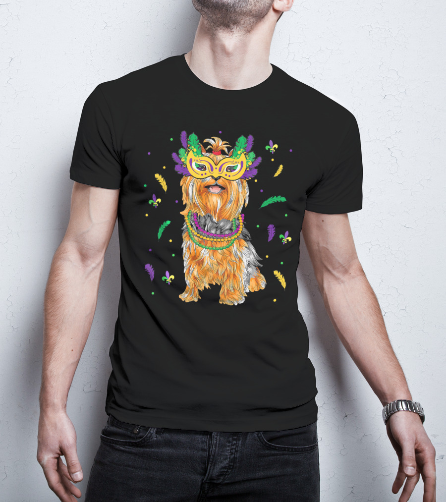 Beads Mask Yorkshire Terrier Mardi Gras Fleur De Lis Feathers T-Shirt