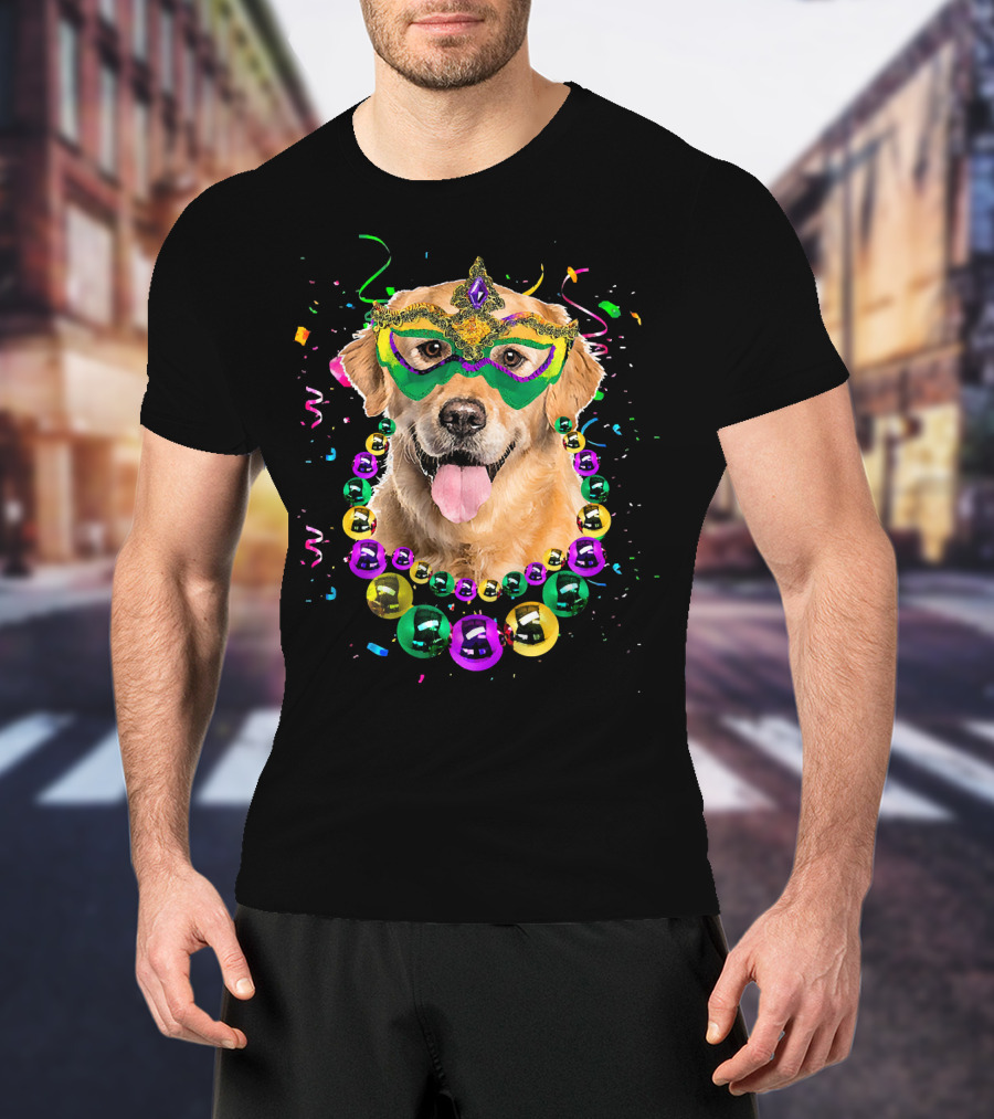 Golden Retriever With Mardi Gras Mask And Beads T-Shirt
