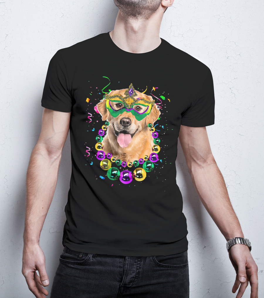 Golden Retriever With Mardi Gras Mask And Beads T-Shirt