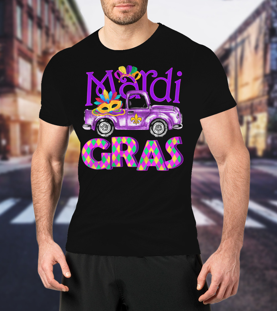 Mardi Gras Truck Mask With Colorful Feathered Costume T-Shirt