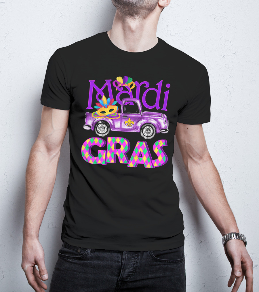 Mardi Gras Truck Mask With Colorful Feathered Costume T-Shirt