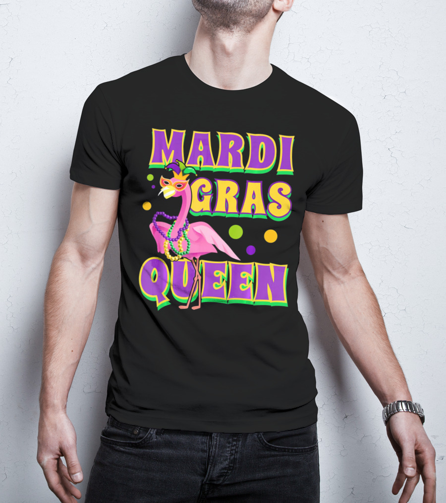 Mardi Gras Queen Fabulous Flamingo Beads And Mask T-Shirt