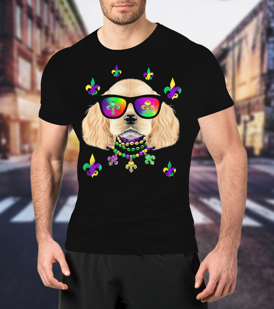 Dog Wearing Mardi Gras Beads And Sunglasses With Fleur-de-Lis T-Shirt