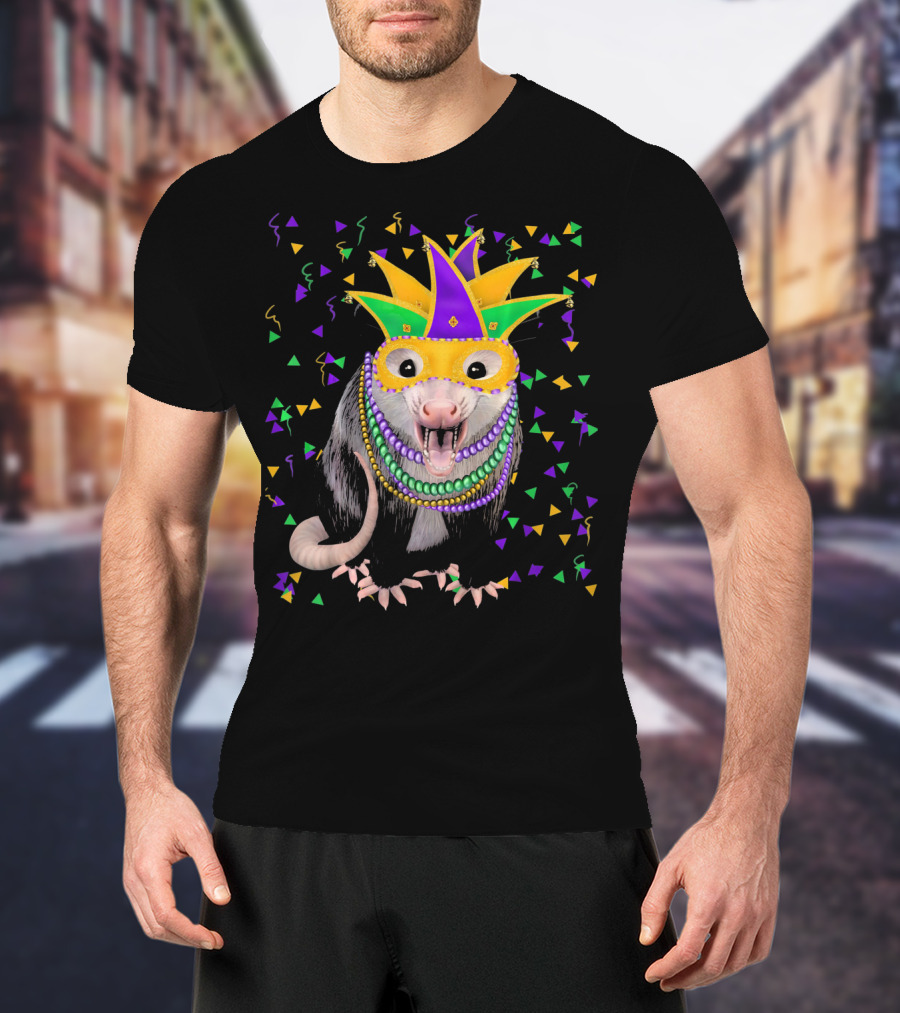 Mardi Gras Possum Wearing Colorful Mask And Beads With Confetti T-Shirt