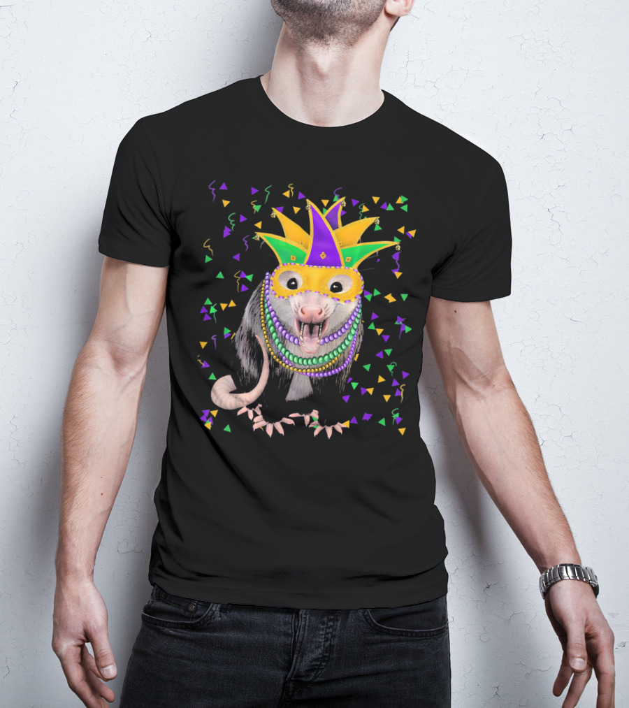 Mardi Gras Possum Wearing Colorful Mask And Beads With Confetti T-Shirt