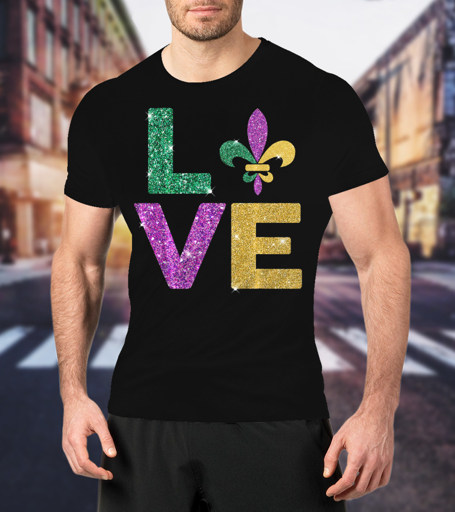 LOVE Mardi Gras Carnival Fleur-de-Lis Glitter T-Shirt