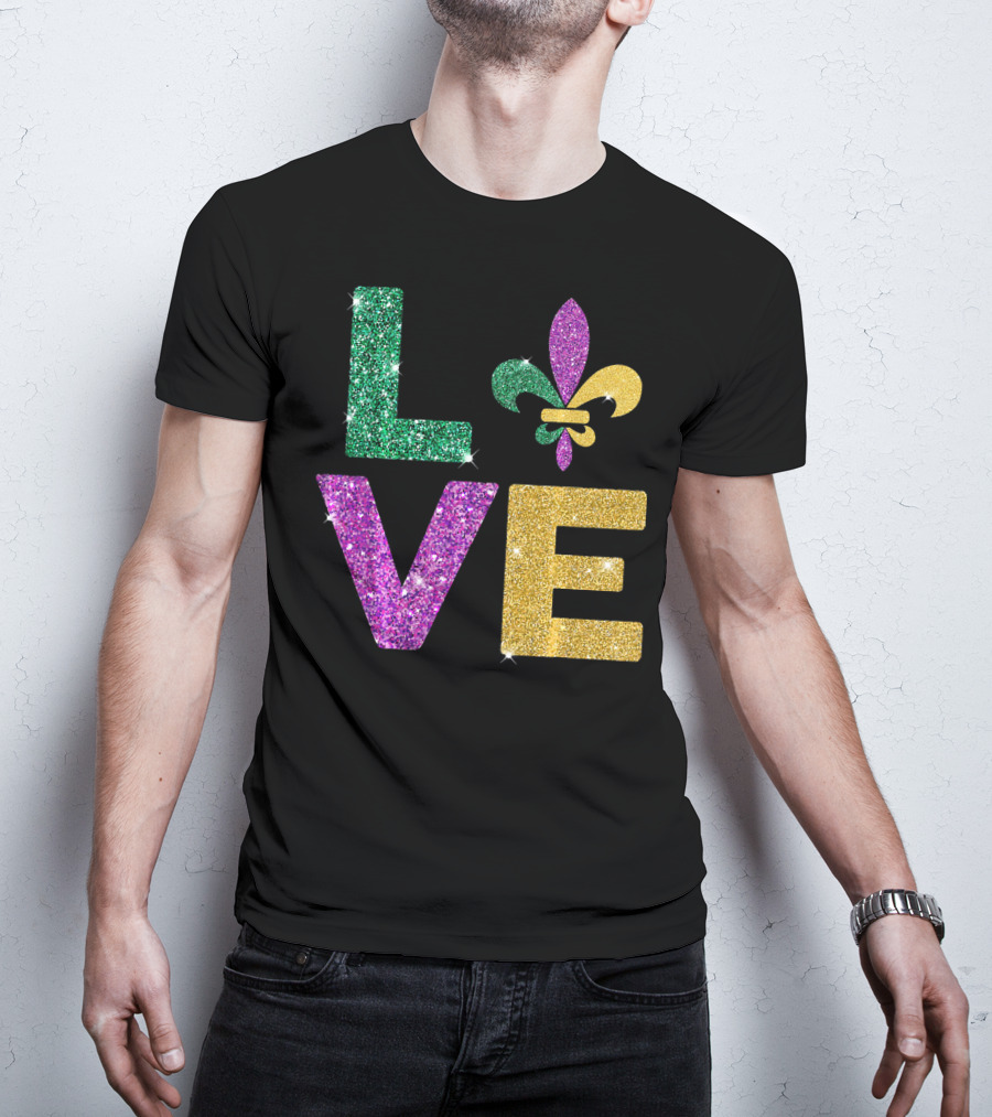 LOVE Mardi Gras Carnival Fleur-de-Lis Glitter T-Shirt