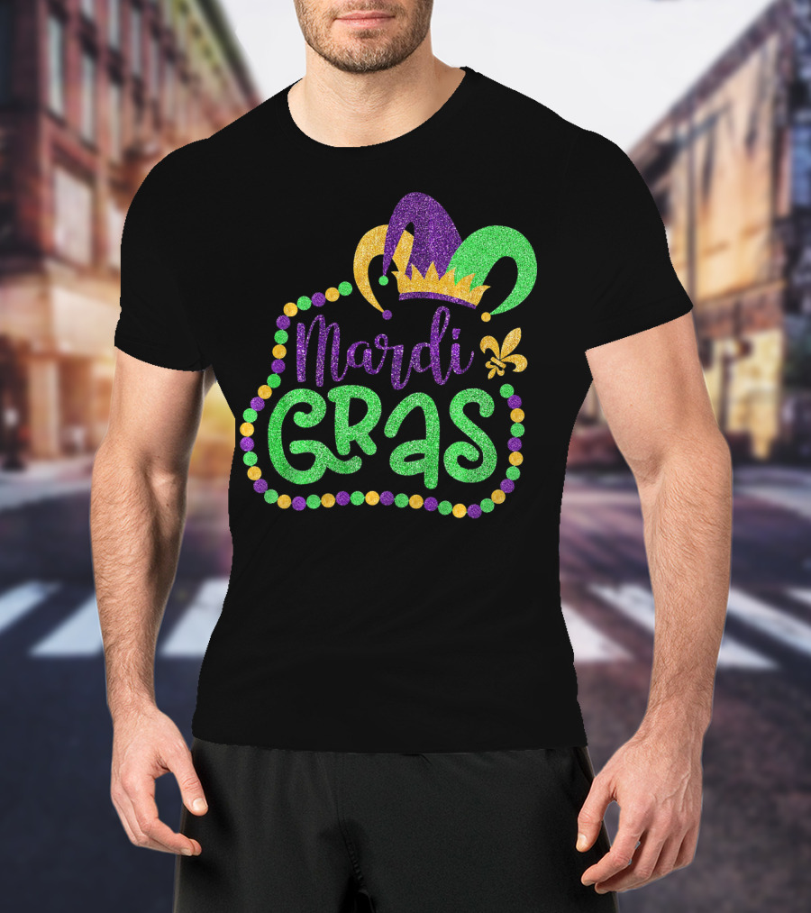 Mardi Gras Glitter Jester Hat Fleur De Lis T-Shirt