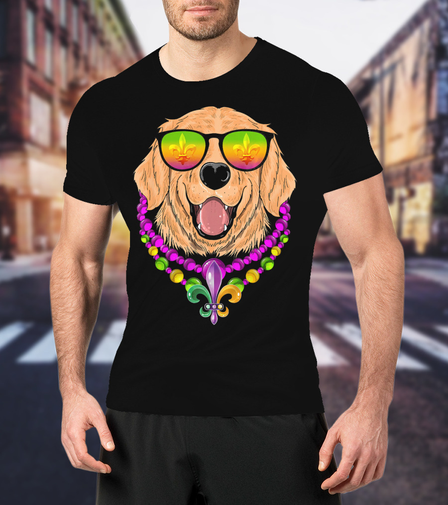 Golden Retriever With Fleur-de-Lis Beads And Sunglasses Mardi Gras T-Shirt