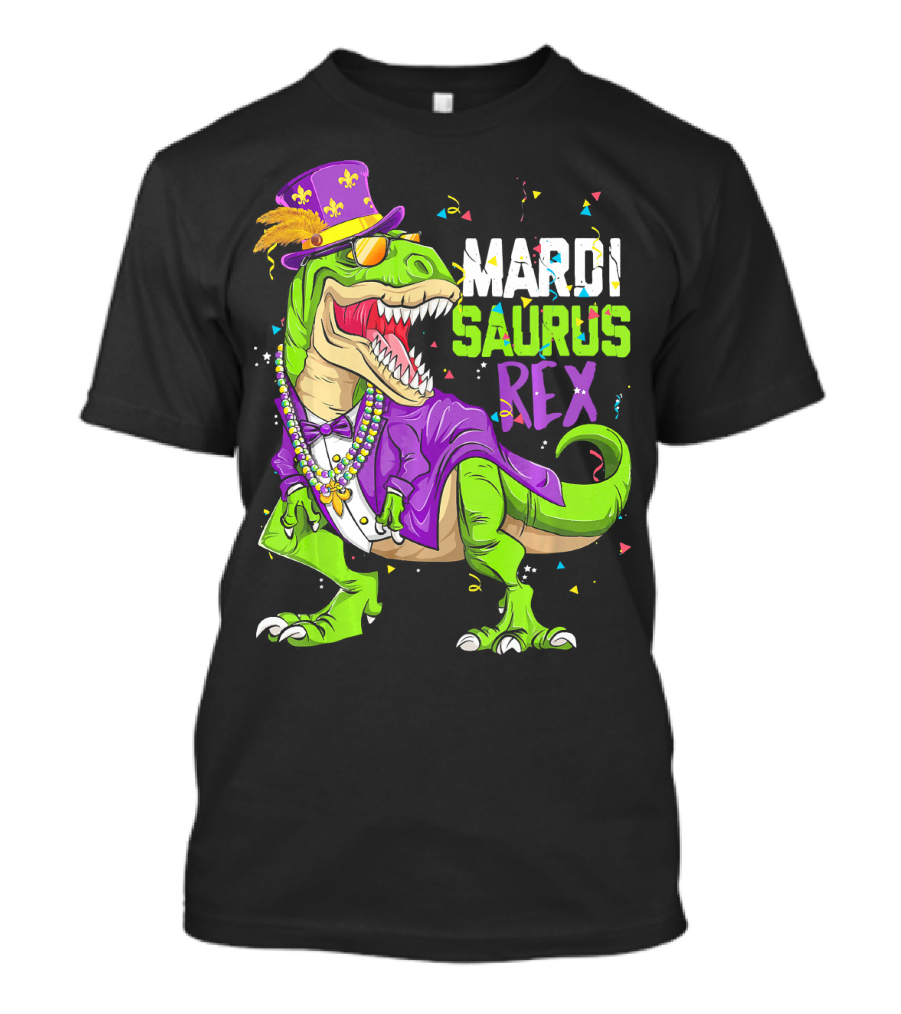Mardi Saurus Rex Dinosaur Mardi Gras Confetti Fleur-de-lis Beads Hat T-Shirt