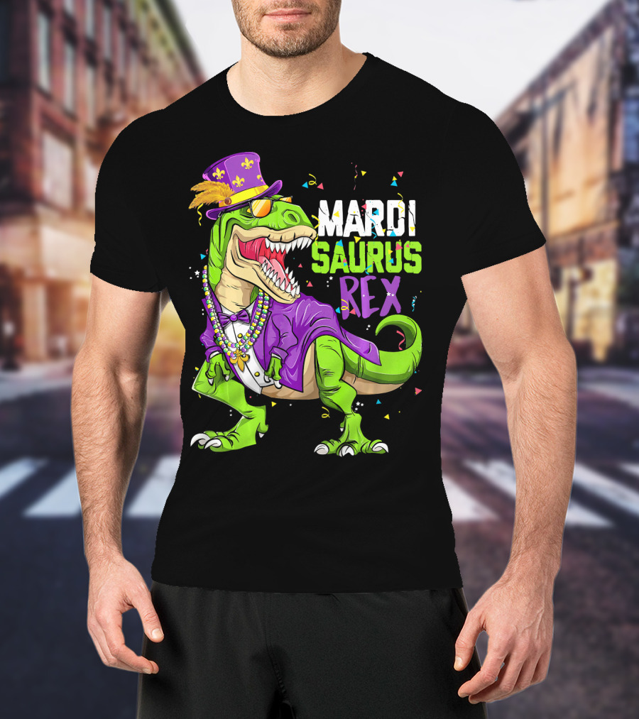 Mardi Saurus Rex Dinosaur Mardi Gras Confetti Fleur-de-lis Beads Hat T-Shirt