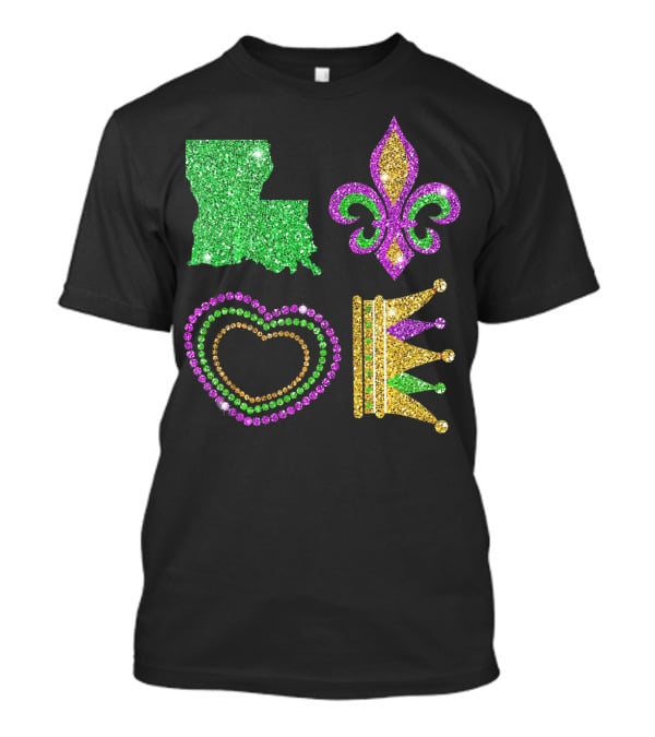 Love Mardi Gras Funny New Orleans Mardi Louisiana Glitter Fleur-de-Lis Heart Crown T-Shirt
